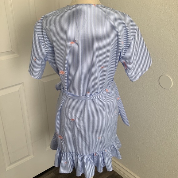 Blue and white striped Flamingo embroidered print wrap dress with ruffle bottom - Picture 8 of 12